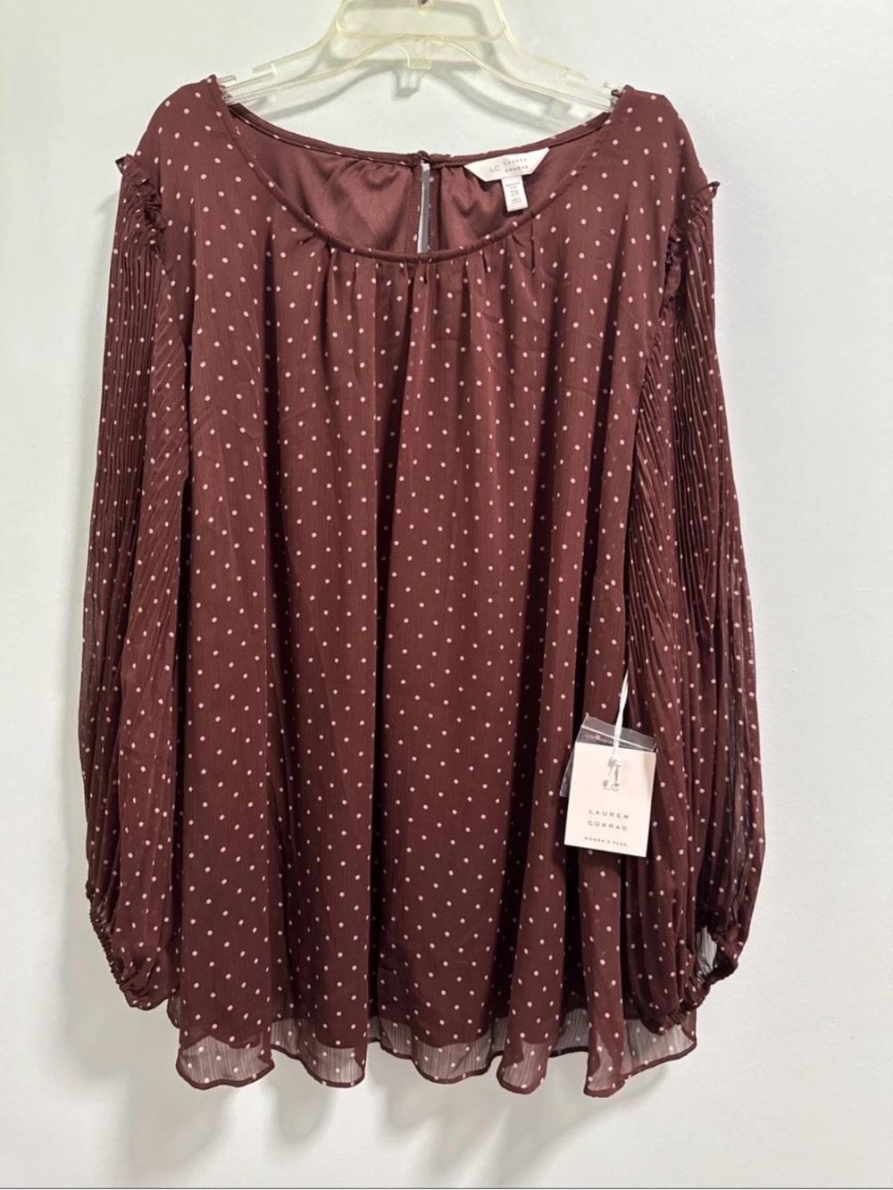 Lauren Conrad Mauve-Brown Polka Dot Pleated-Sleeve Tunic